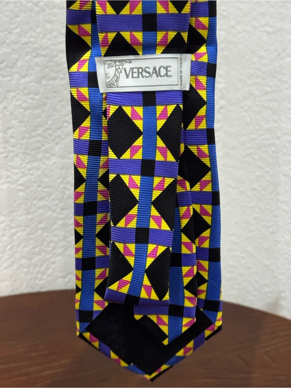 Versace Vintage Geometric Pattern Silk Neck Tie - Blue Purple Black Pink Yellow - Picture 2 of 6